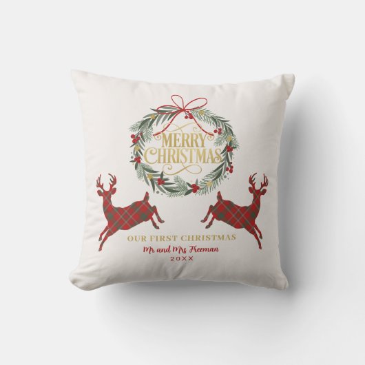 Eerste kerstmis Mr & Mrs rode plaid kussen (Voorkant)