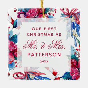 Eerste Kerstmis Mr & Mrs Waterverf Bloemenfoto Keramisch Ornament