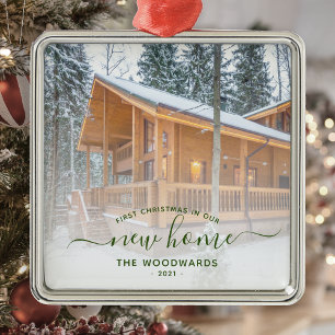 Eerste Kerstmis Nieuw Home Aangepast Foto Groen Sc Metalen Ornament