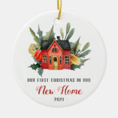 Eerste Kerstmis Nieuwe Huis Waterverf Rood Keramisch Ornament (Voorkant)