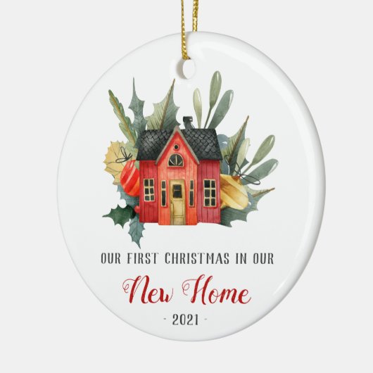 Eerste Kerstmis Nieuwe Huis Waterverf Rood Keramisch Ornament (Links)