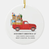 Eerste Kerstmis op New Home Red Loaded Truck Keramisch Ornament (Voorkant)