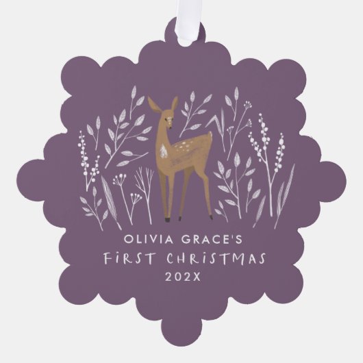Eerste Kerstmis paarse rendieren elegant 1 foto Ornament Kaart (Voorkant)