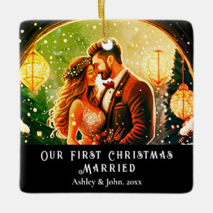Eerste Kerstmis Passen getrouwd romantisch paar Or Keramisch Ornament