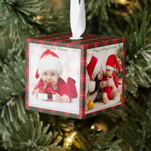 Eerste Kerstmis Prettige feestdagen Grootmafoto's Kubus Ornament