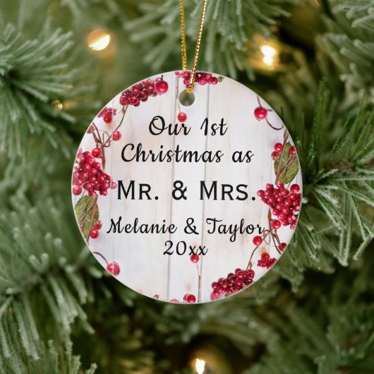 Eerste Kerstmis Rustic Mr & Mrs Foto Keramisch Ornament (Boom)