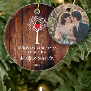 Eerste Kerstmis samen liefde boom hout foto Keramisch Ornament