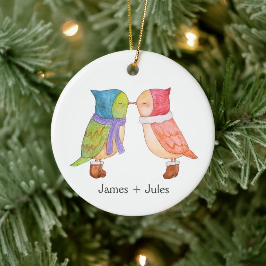 Eerste Kerstmis samen Schattigee Lovebirds Custom Keramisch Ornament (Boom)