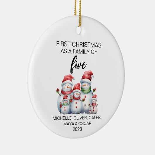 Eerste Kerstmis Sneeuwman Familie van Vijf Keramisch Ornament (Rechts)