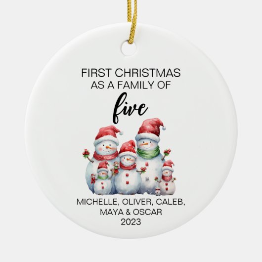 Eerste Kerstmis Sneeuwman Familie van Vijf Keramisch Ornament (Voorkant)