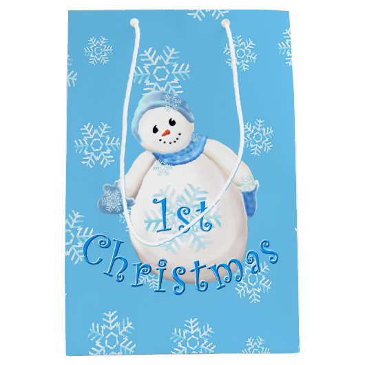 Eerste Kerstmis Snowman en Snowflakes Medium Cadeauzakje (Voorkant)