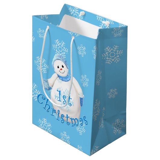 Eerste Kerstmis Snowman en Snowflakes Medium Cadeauzakje (Voorkant Gekanteld)