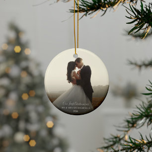 Eerste Kerstmis Trouwdag Foto Kalligrafie Keramisch Ornament
