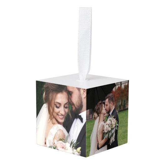 Eerste Kerstmis Trouwdag Foto's Vakantie Kubus Ornament (Voorkant hoekig)