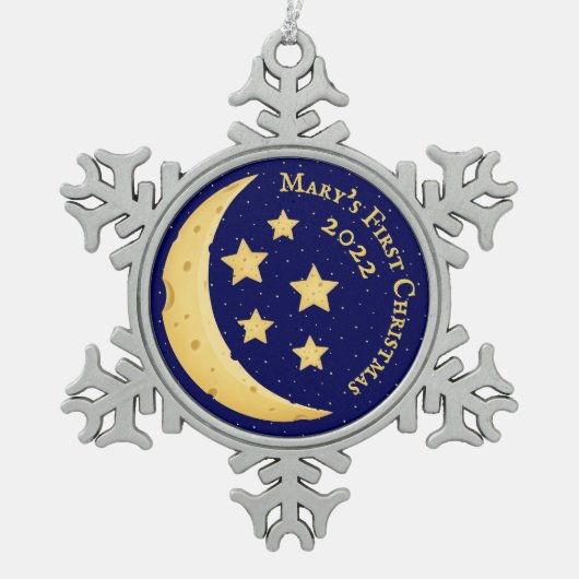 Eerste Kerstmis van baby, maan en sterren Aangepas Tin Sneeuwvlok Ornament (Voorkant)