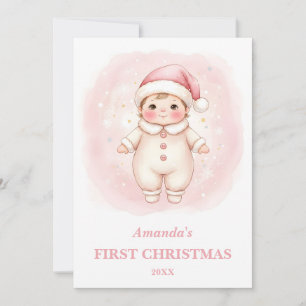 Eerste kerstmis van baby meisje Roze Kerstman Foto Kaart