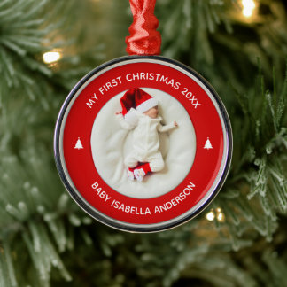 Eerste kerstmis van de baby Elegante Rode Foto Aan Metalen Ornament