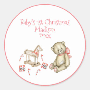 Eerste Kerstmis van de baby Gepersonaliseerde Roze Ronde Sticker