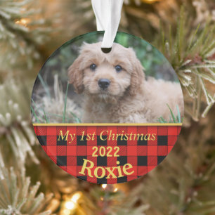 Eerste Kerstmis van de puppy Black & Red Check Ornament