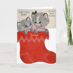 Eerste Kerstmis voor baby met Cute Kittens in Sokk Feestdagen Kaart