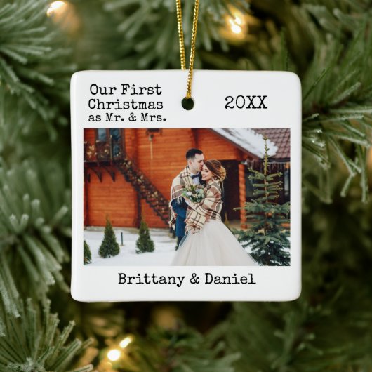 Eerste Kerstmis voor schrijfmachine, Mr. en Mrs. F Keramisch Ornament (Boom)