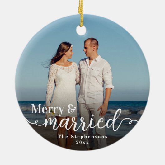 Eerste Kerstmis Vrolijk Getrouwd Dubbelzijdig Foto Keramisch Ornament (Achterkant)