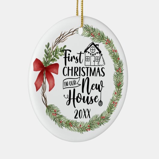 Eerste Kerstmis Waterverf New House Wreate Keramisch Ornament (Rechts)