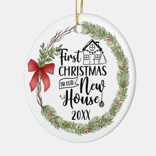 Eerste Kerstmis Waterverf New House Wreate Keramisch Ornament (Links)