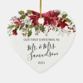 Eerste Kerstmis Waterverf Rode Poinsettia Keramisch Ornament (Achterkant)