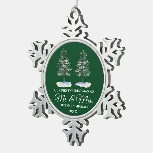 Eerste Kerstmis, Waterverf Two Pines Tin Sneeuwvlok Ornament (Rechts)