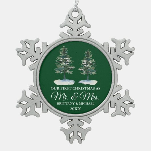 Eerste Kerstmis, Waterverf Two Pines Tin Sneeuwvlok Ornament (Voorkant)