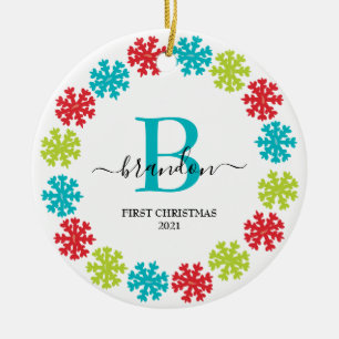 Eerste kerstmonogram Baby Naam Kerstmis Wreater Keramisch Ornament