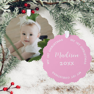 Eerste kerstnaam en Baby foto pastel roze Ornament Kaart