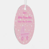 Eerste kerstontwerp voor baby's in roze en wit metalen ornament (Voorkant Rechts)