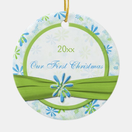 Eerste kerstOrnament voor groene en blauwe Floral Keramisch Ornament (Voorkant)
