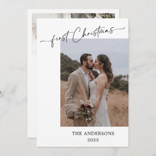 Eerste kerstscript 2 foto's bruiloft kerst bedankkaart (Voorkant / Achterkant)