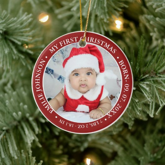 Eerste kerstscript Baby geboorte Stats & foto's Keramisch Ornament (Boom)