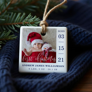 Eerste kerstscript Baby geboorte Stats & foto's Keramisch Ornament