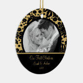 Eerste kerstsierfoto Gold & backDamask Keramisch Ornament (Rechts)