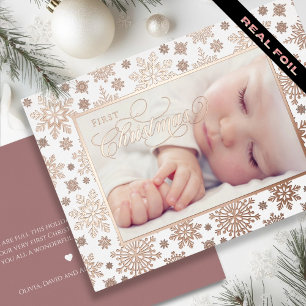 Eerste Kerstsneeuwvlok Frame Roze Goud Folie Feestdagenkaart