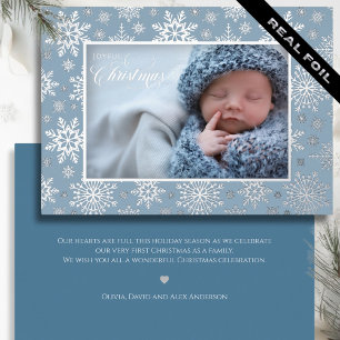 Eerste Kerstsneeuwvlok Frame Zilver Blauw Folie Feestdagenkaart