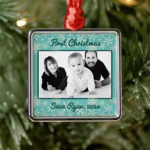 Eerste kerstsnowflakes Baby Boy Fotoversiering Metalen Ornament