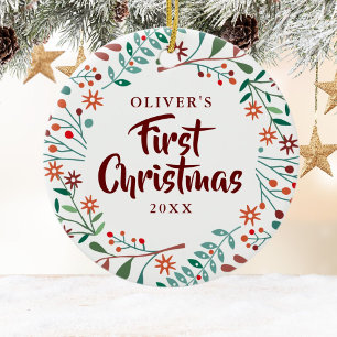 Eerste kerstvakantie bloemen baby foto keramisch ornament