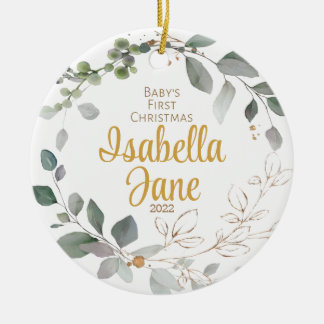 Eerste kerstversiering voor baby's, goud en groen keramisch ornament