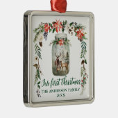 Eerste kerstwinter Floral Deer Family Green Metalen Ornament (Rechts)