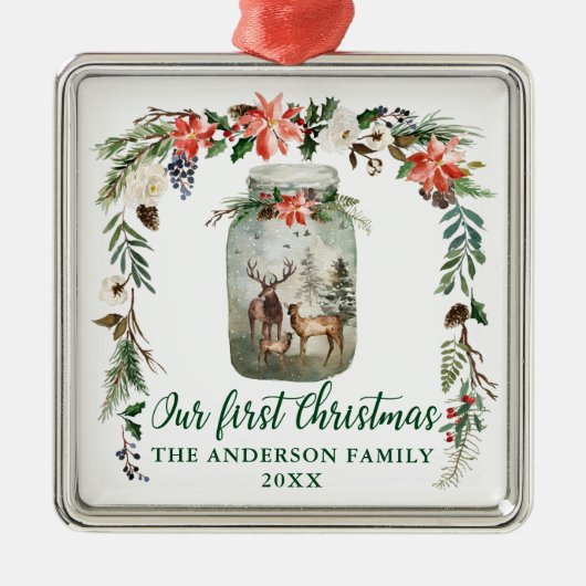 Eerste kerstwinter Floral Deer Family Green Metalen Ornament (Voorkant)