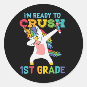 Eerste klas eenhoorn cadeau voor eerste schooldag ronde sticker