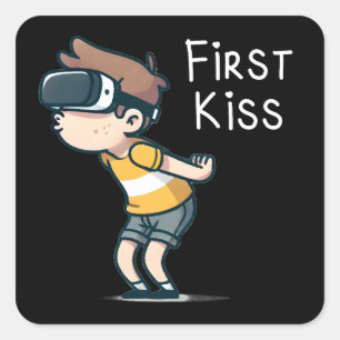 Eerste Kus - Grappige VR Gamer Cartoon, Geeky Boy Vierkante Sticker