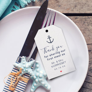 Eerste maaltijd nautisch huwelijksgeschenklabel cadeaulabel