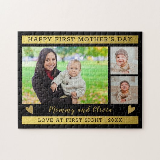 Eerste Moederdag 3 Foto Collage Black Gold Legpuzzel (Horizontaal)